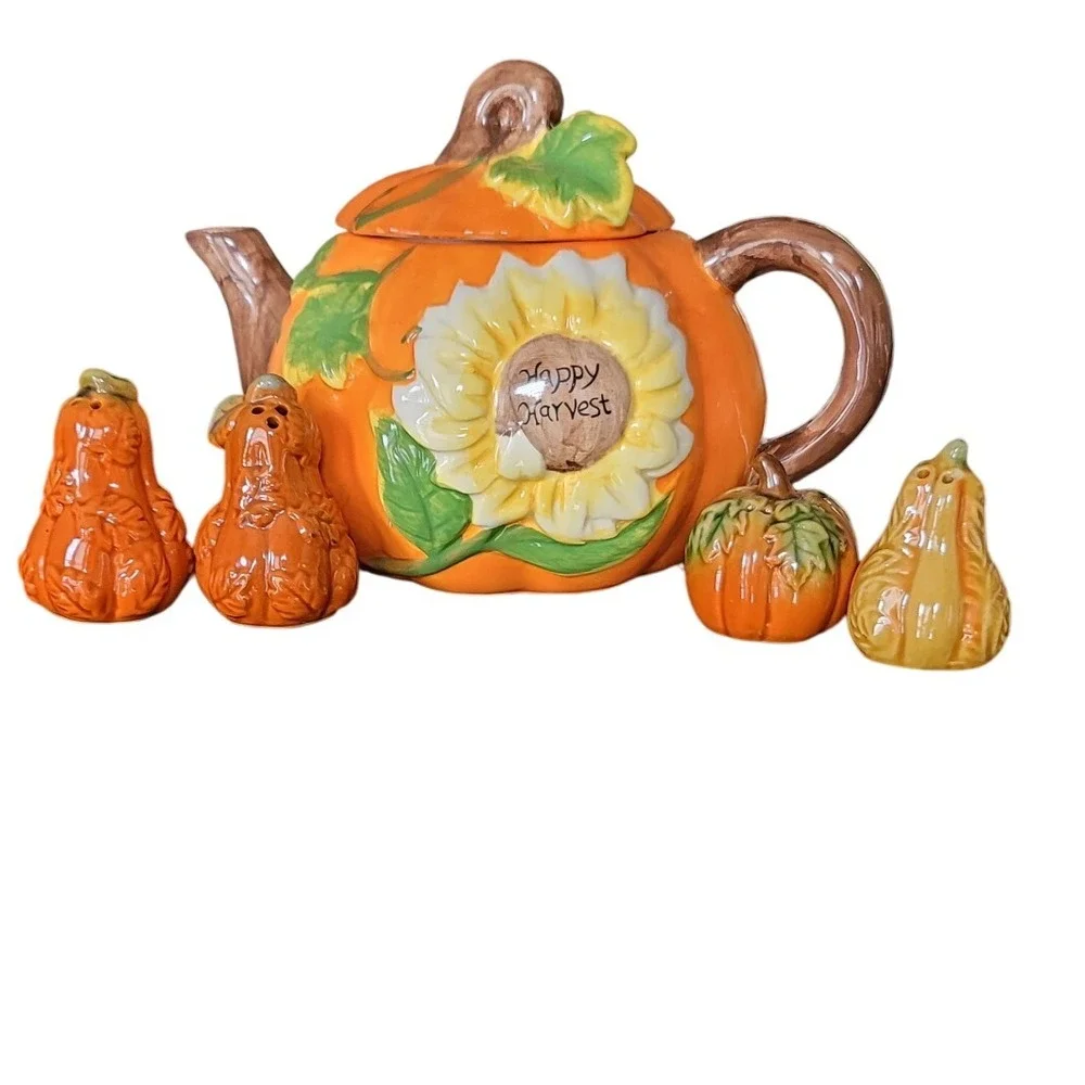 Autumn Harvest Ceramic Pumpkin Teapot w/ 2 Salt  Pepper Sets Seasonal Home Decor